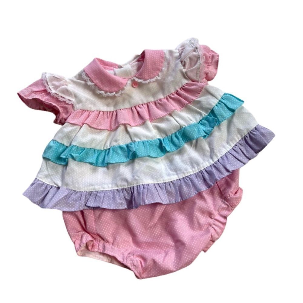Vintage 2 Piece 1980s Cotton Candy Pastel Tiered Ruffle Polka Dot Dress Bummies